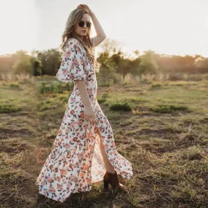 2019 Spring summer 1/2 sleeves polyester lady long beach boho floral dress