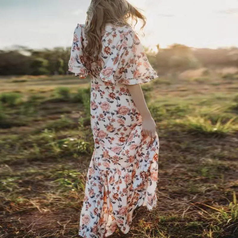 2019 Spring summer 1/2 sleeves polyester lady long beach boho floral dress