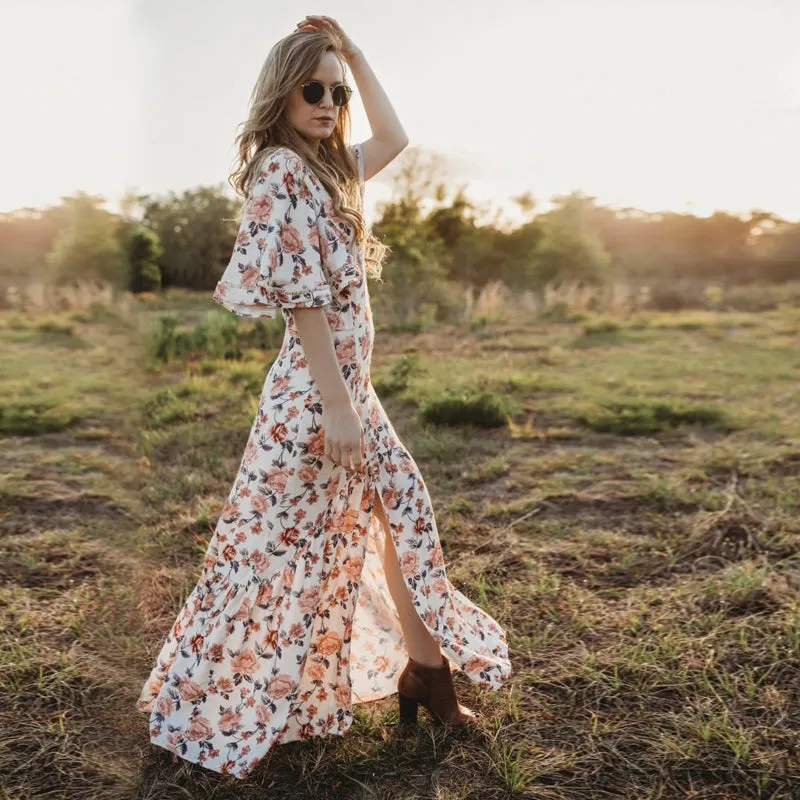 2019 Spring summer 1/2 sleeves polyester lady long beach boho floral dress
