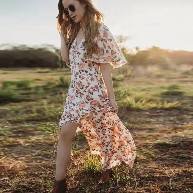 2019 Spring summer 1/2 sleeves polyester lady long beach boho floral dress