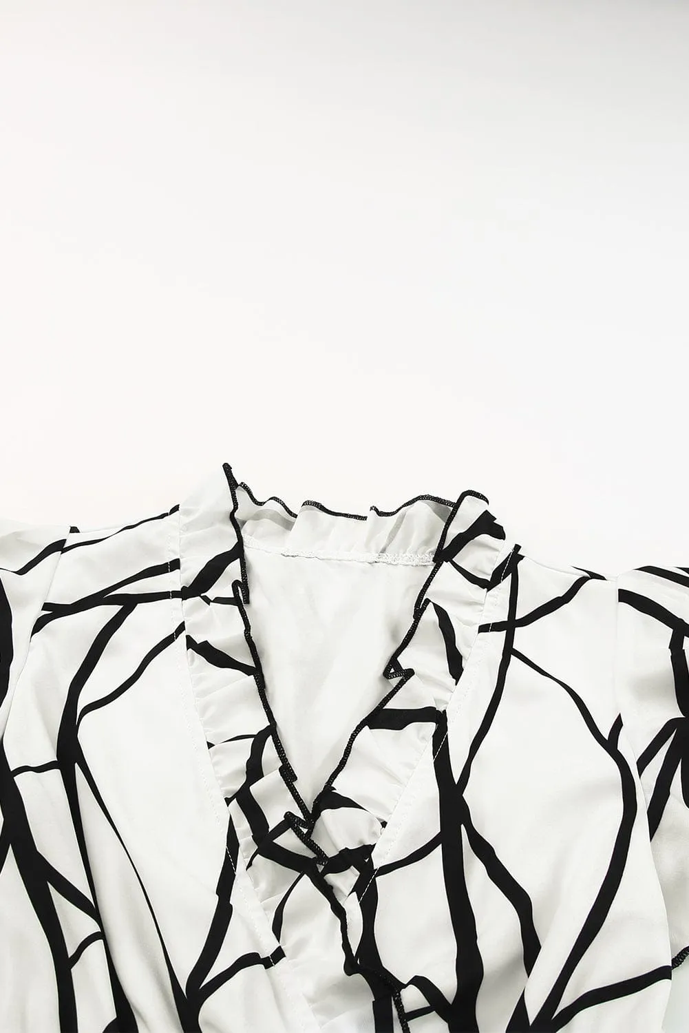 Abstract Vein Print V Neck Ruffle Maxi Dress in White