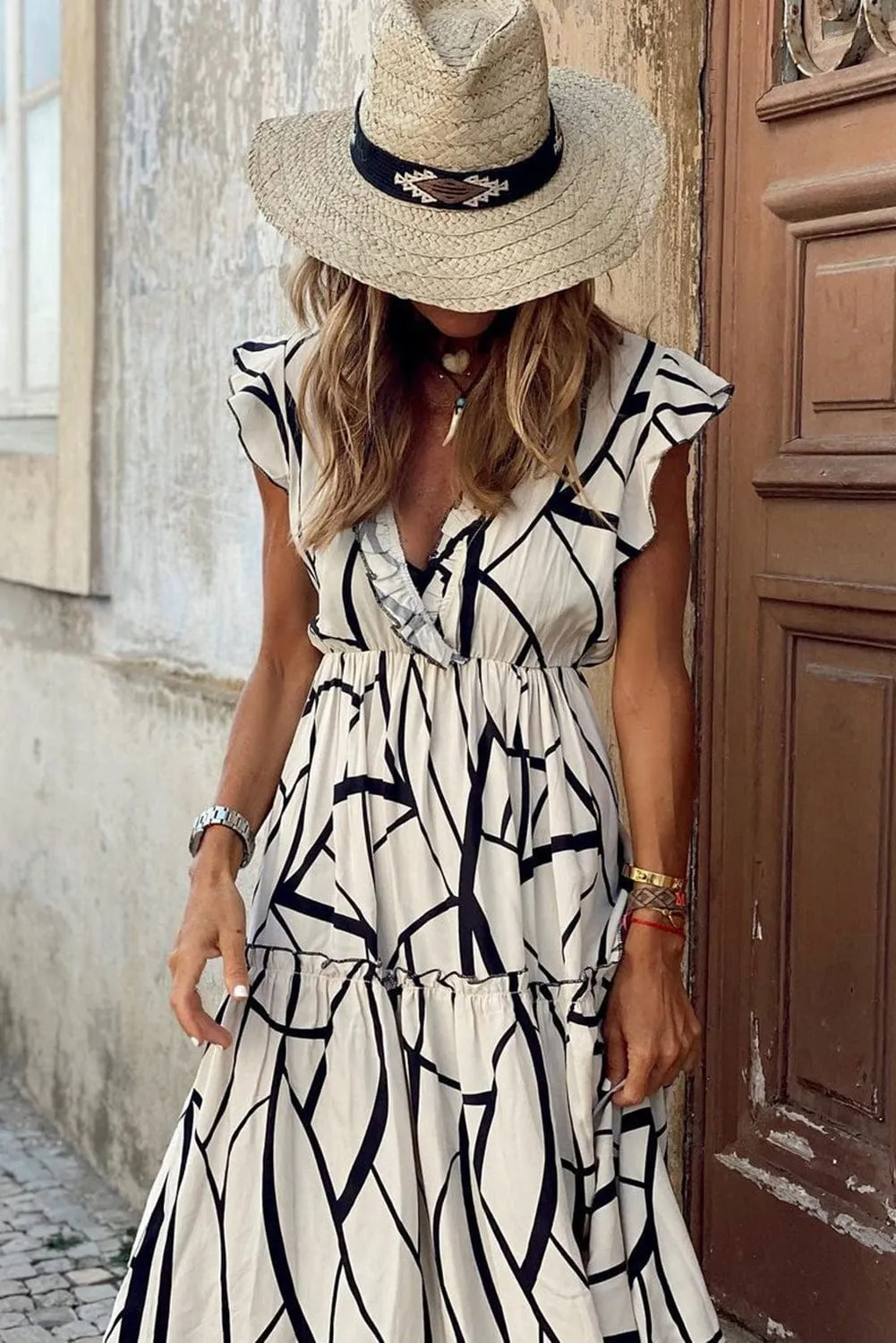 Abstract Vein Print V Neck Ruffle Maxi Dress in White