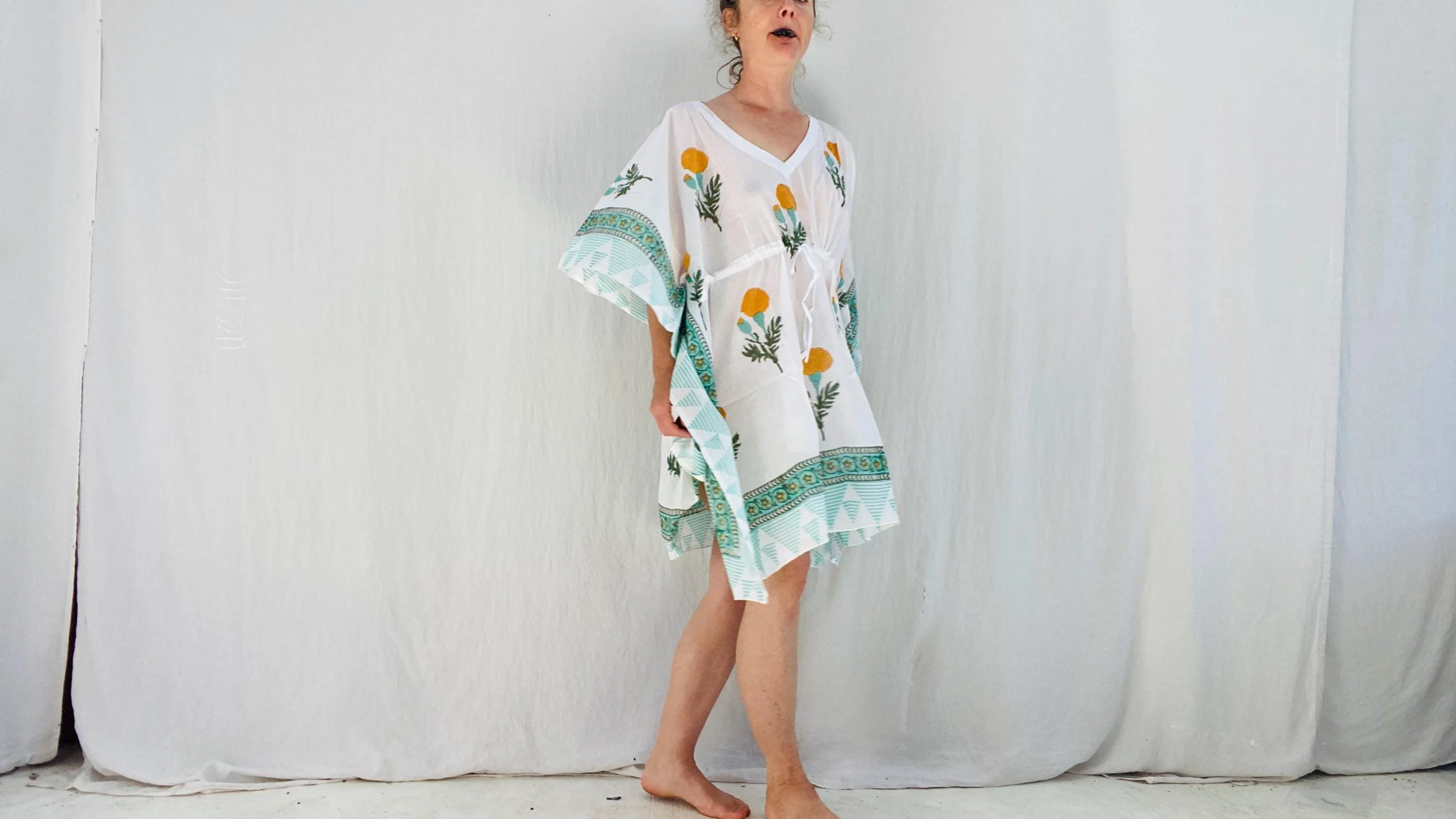 All Cotton Block Print Kaftan from India. Breezy Dress and Cover-Up.