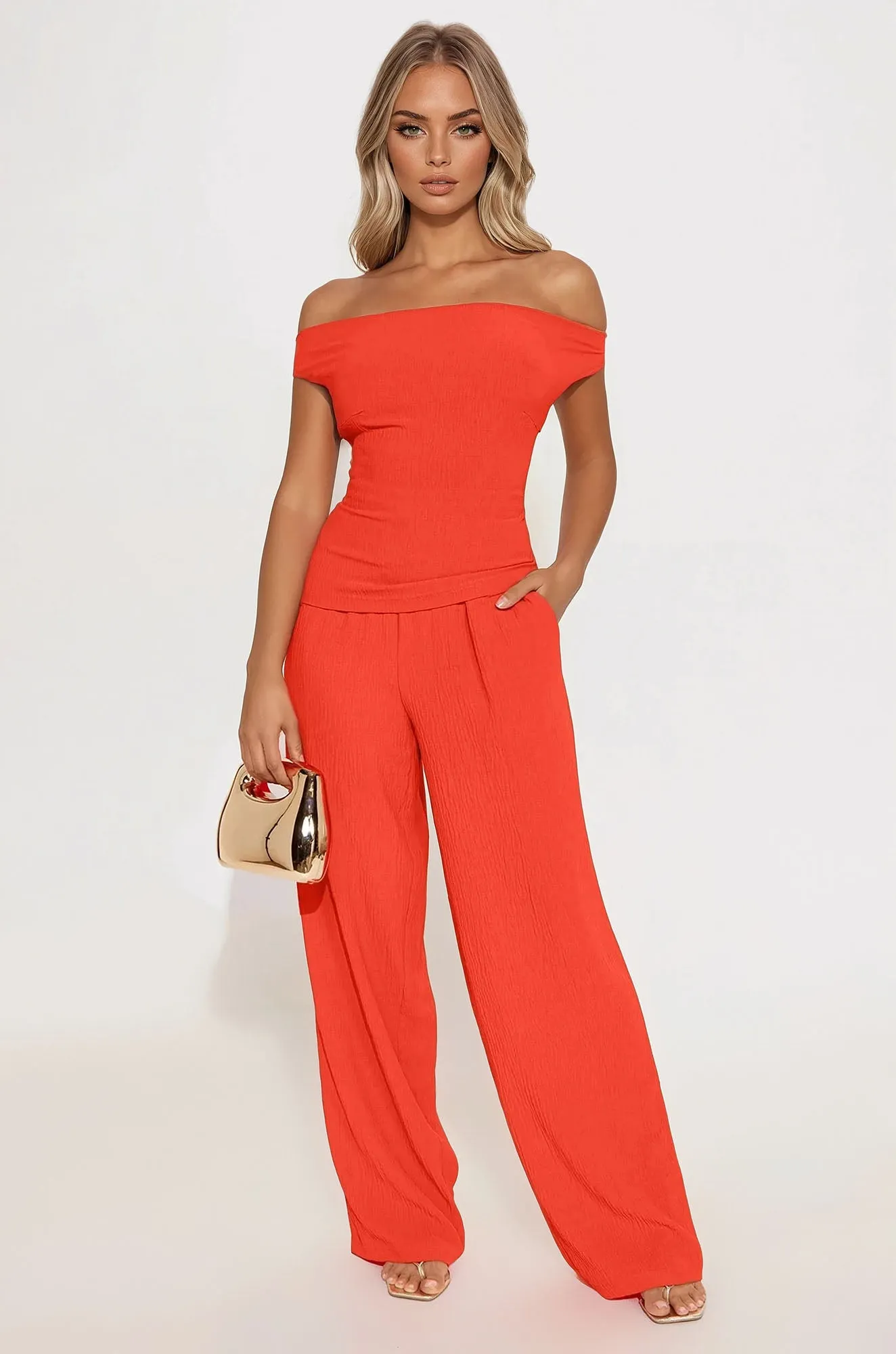 Ana Off Shoulder Pant Set - Orange