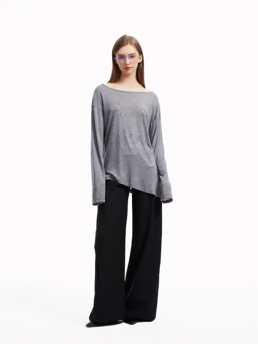 Asymmetric Rhinestone Lettering Long Sleeve Tee