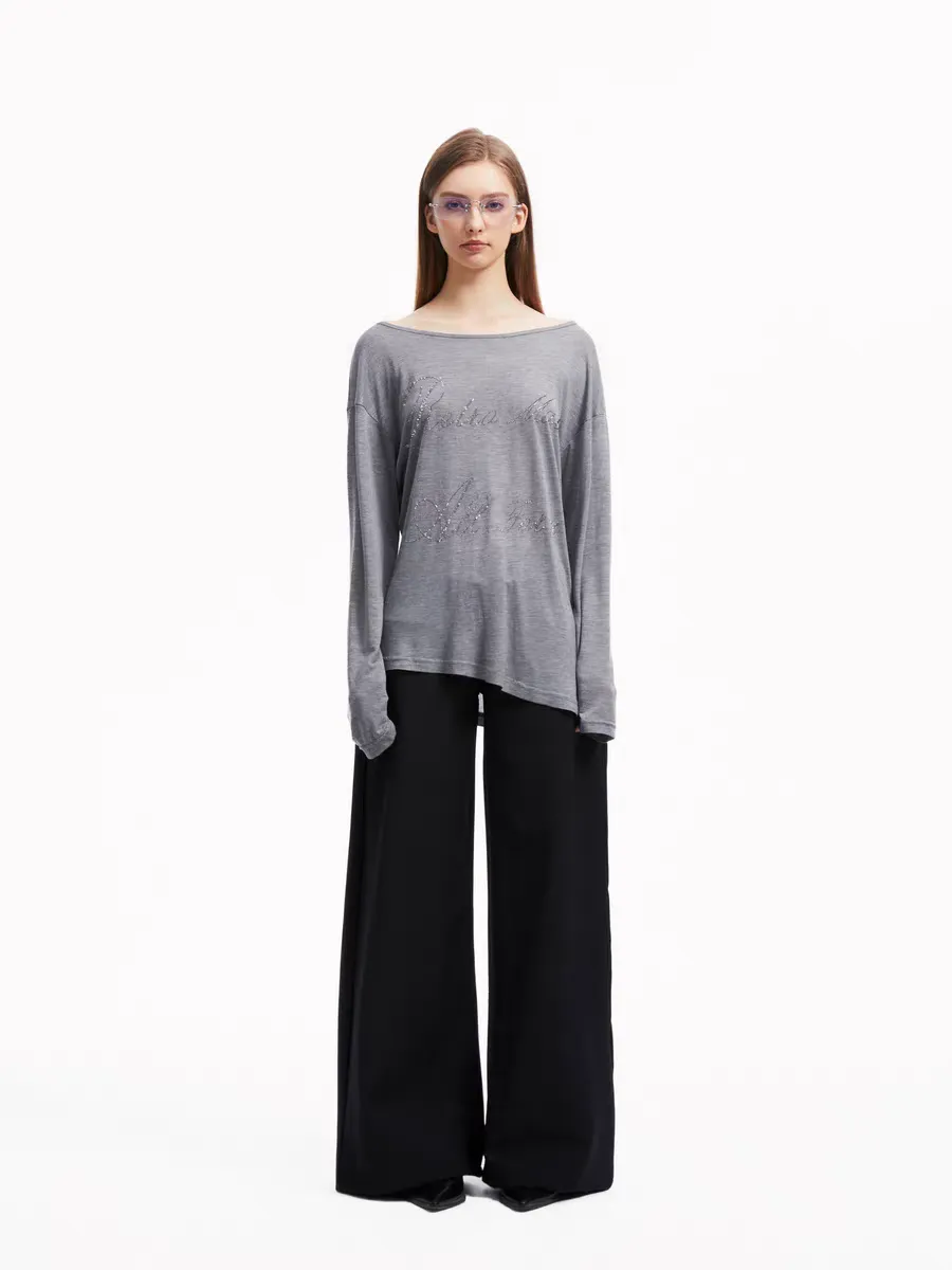 Asymmetric Rhinestone Lettering Long Sleeve Tee