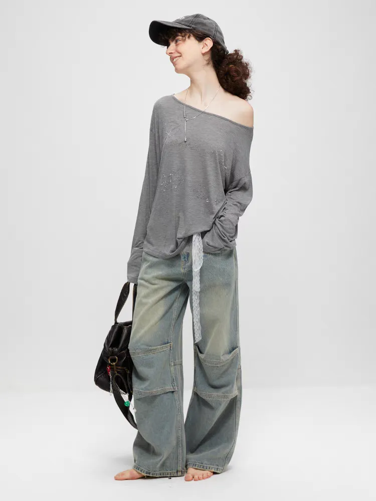 Asymmetric Rhinestone Lettering Long Sleeve Tee