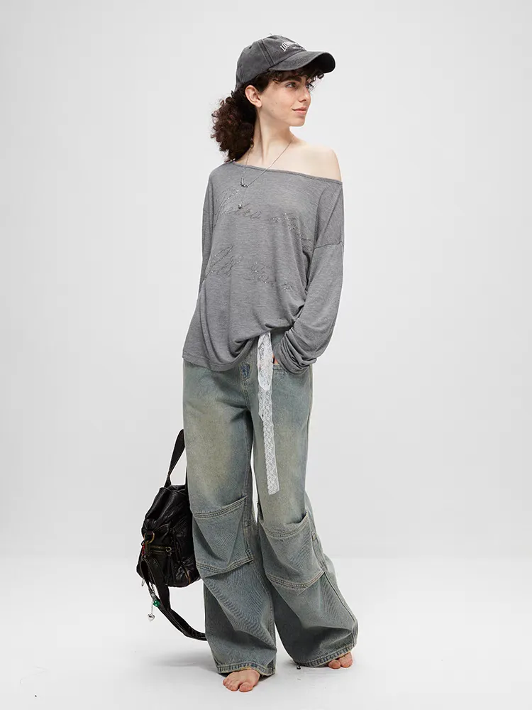 Asymmetric Rhinestone Lettering Long Sleeve Tee
