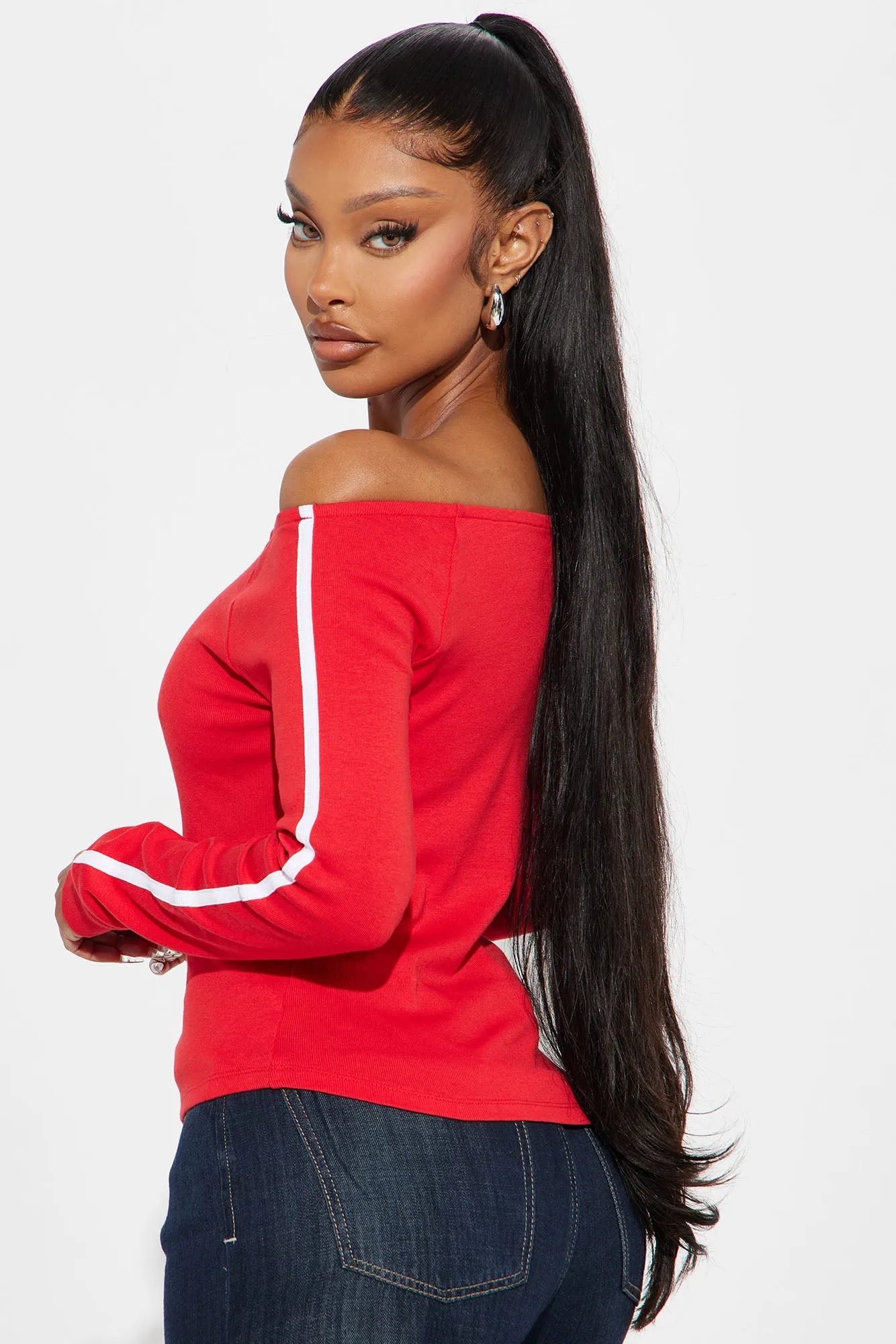 Athletic Off Shoulder Graphic Top - Red