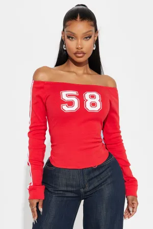 Athletic Off Shoulder Graphic Top - Red