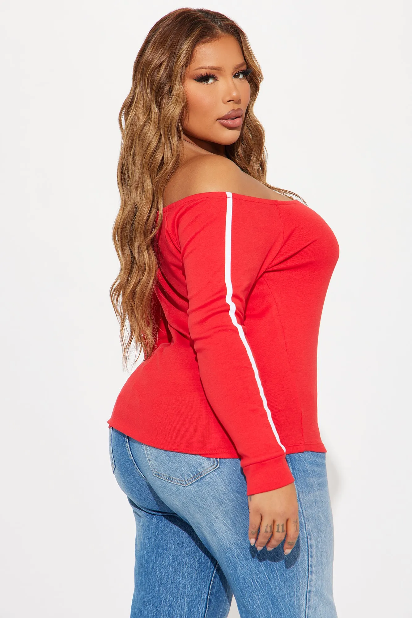Athletic Off Shoulder Graphic Top - Red