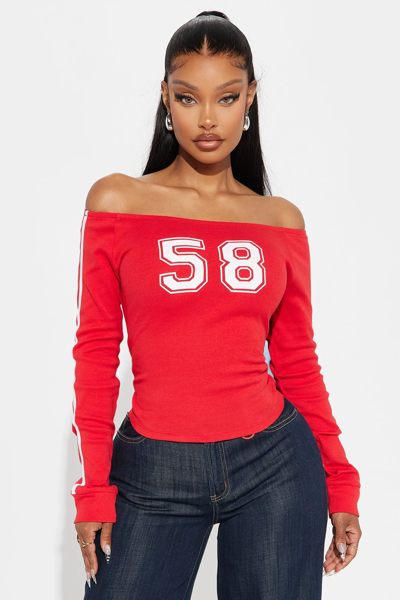 Athletic Off Shoulder Graphic Top - Red