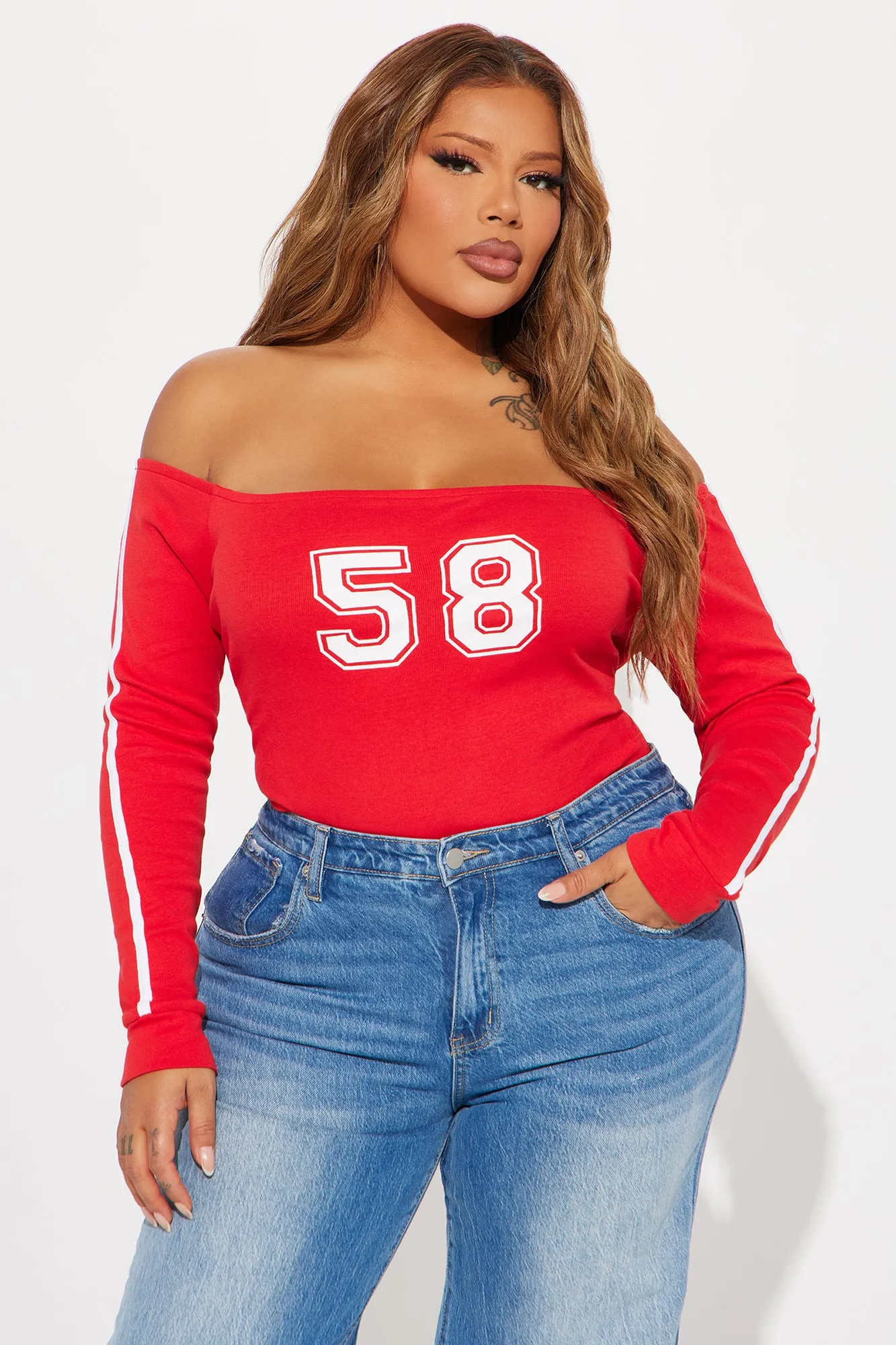Athletic Off Shoulder Graphic Top - Red