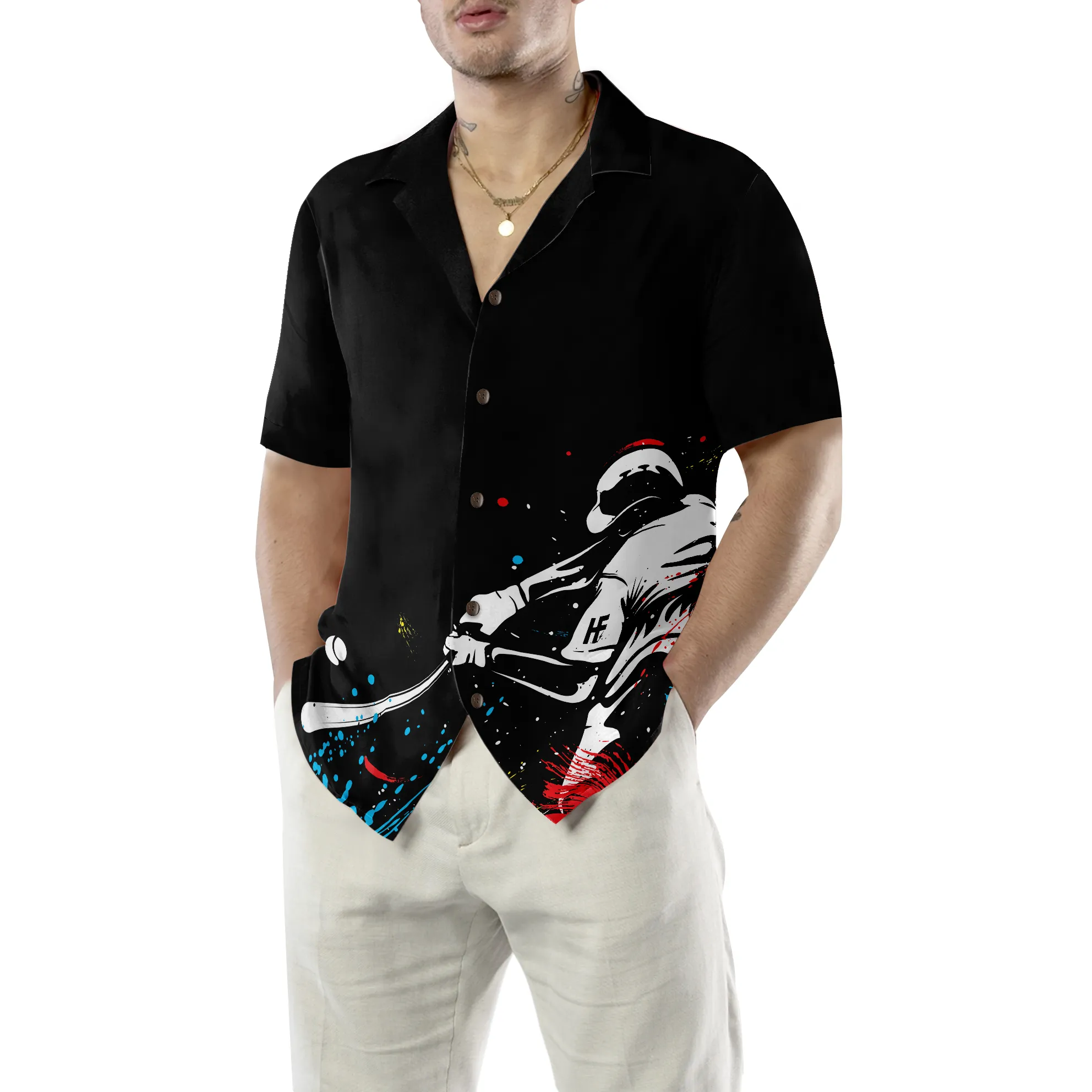 Baseball Players' Silhouettes On Paintball Pattern Hawaiian Shirt