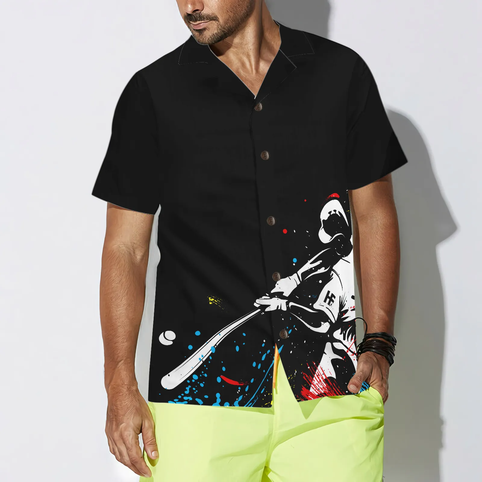 Baseball Players' Silhouettes On Paintball Pattern Hawaiian Shirt