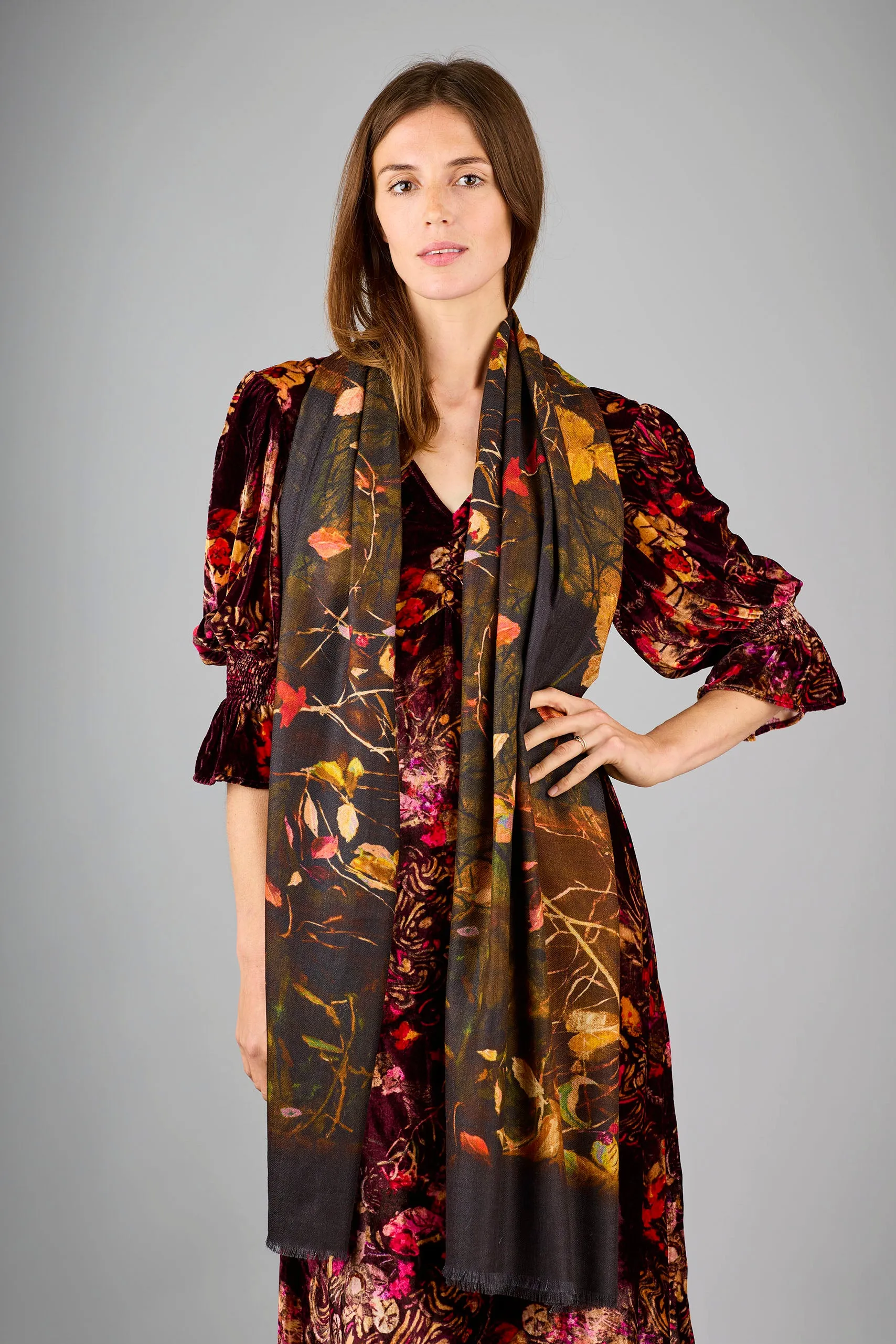 Berries Gold/Brown Wool Silk Scarf