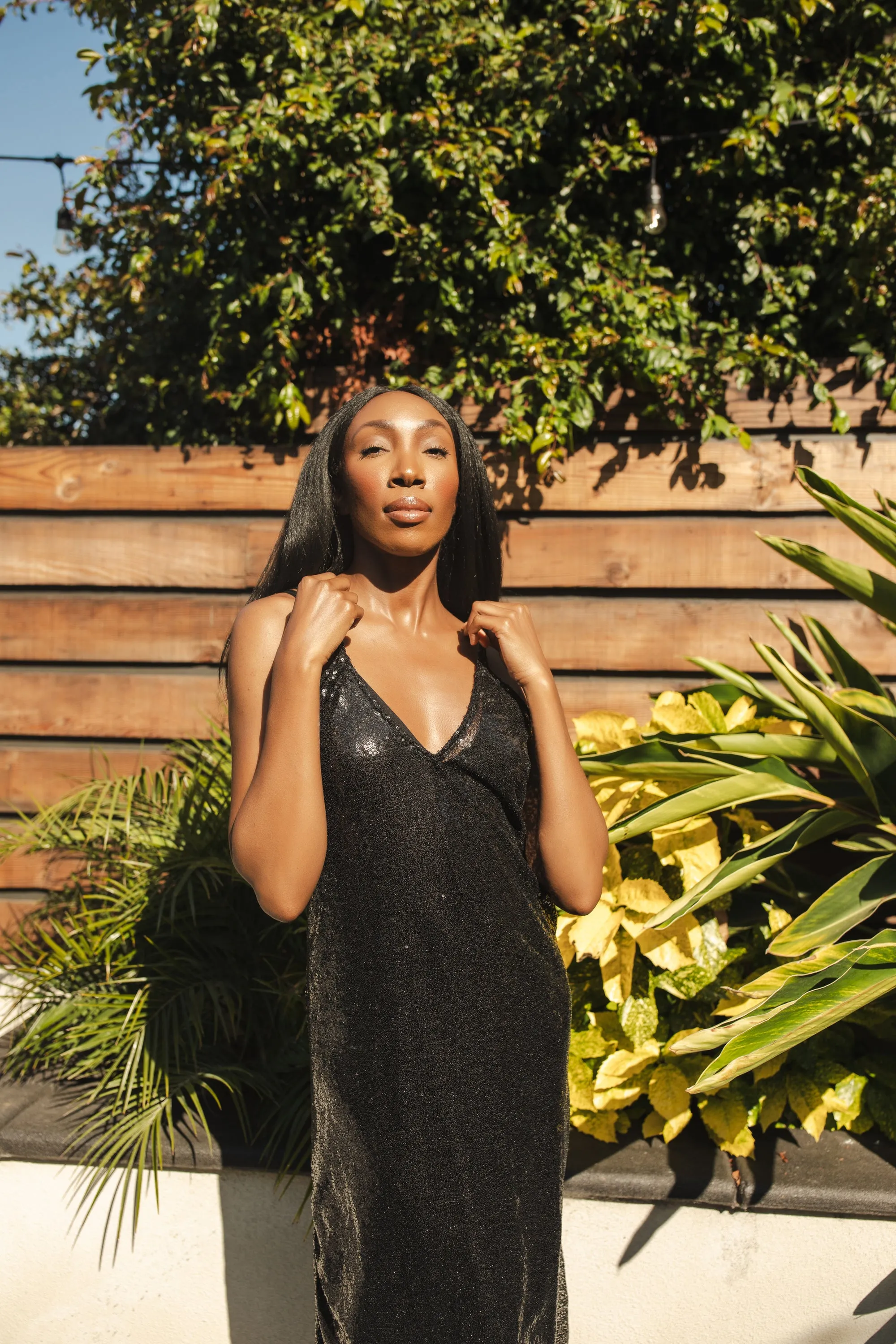 Black Sequin Layered Slip Dress