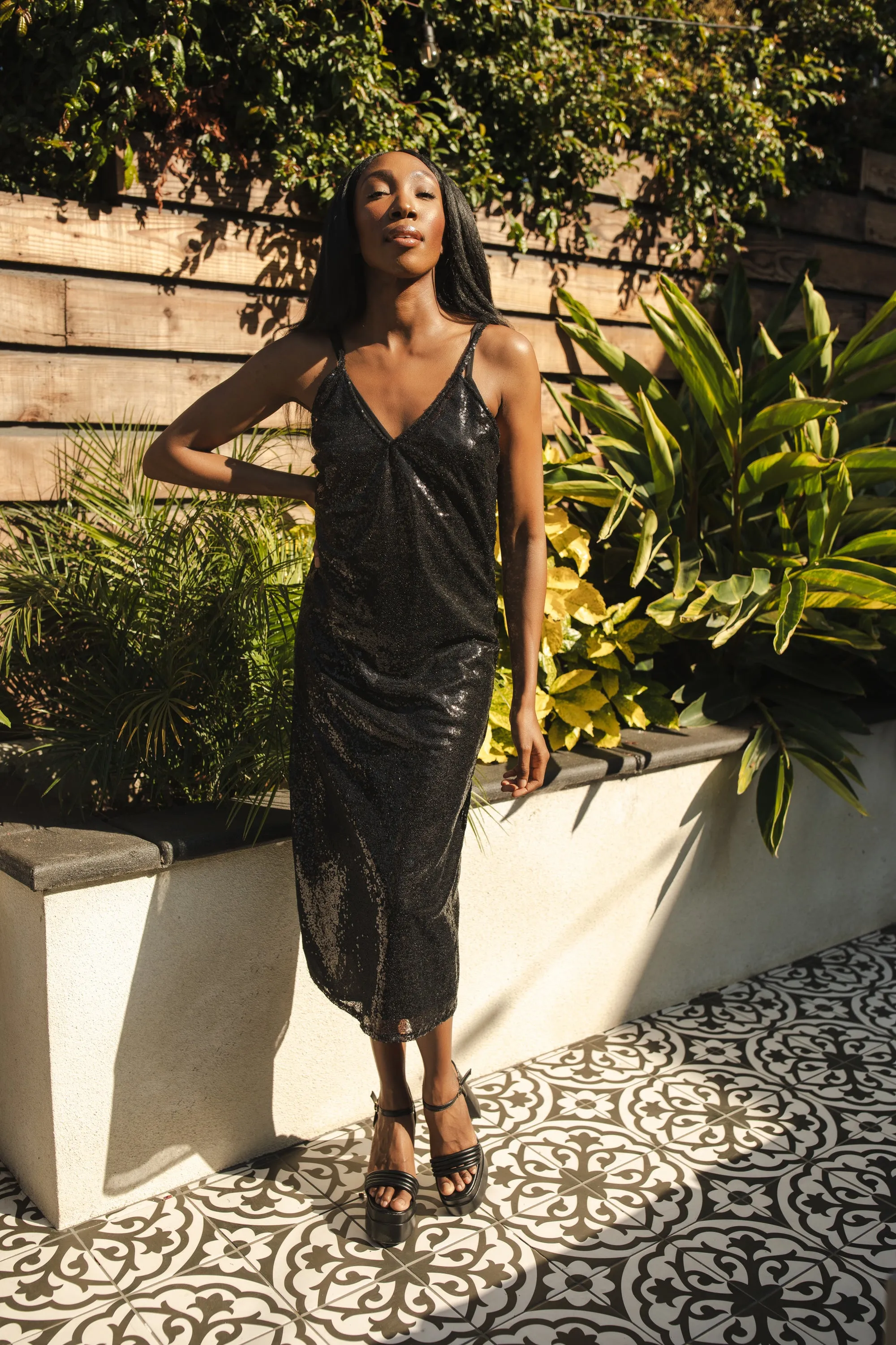 Black Sequin Layered Slip Dress