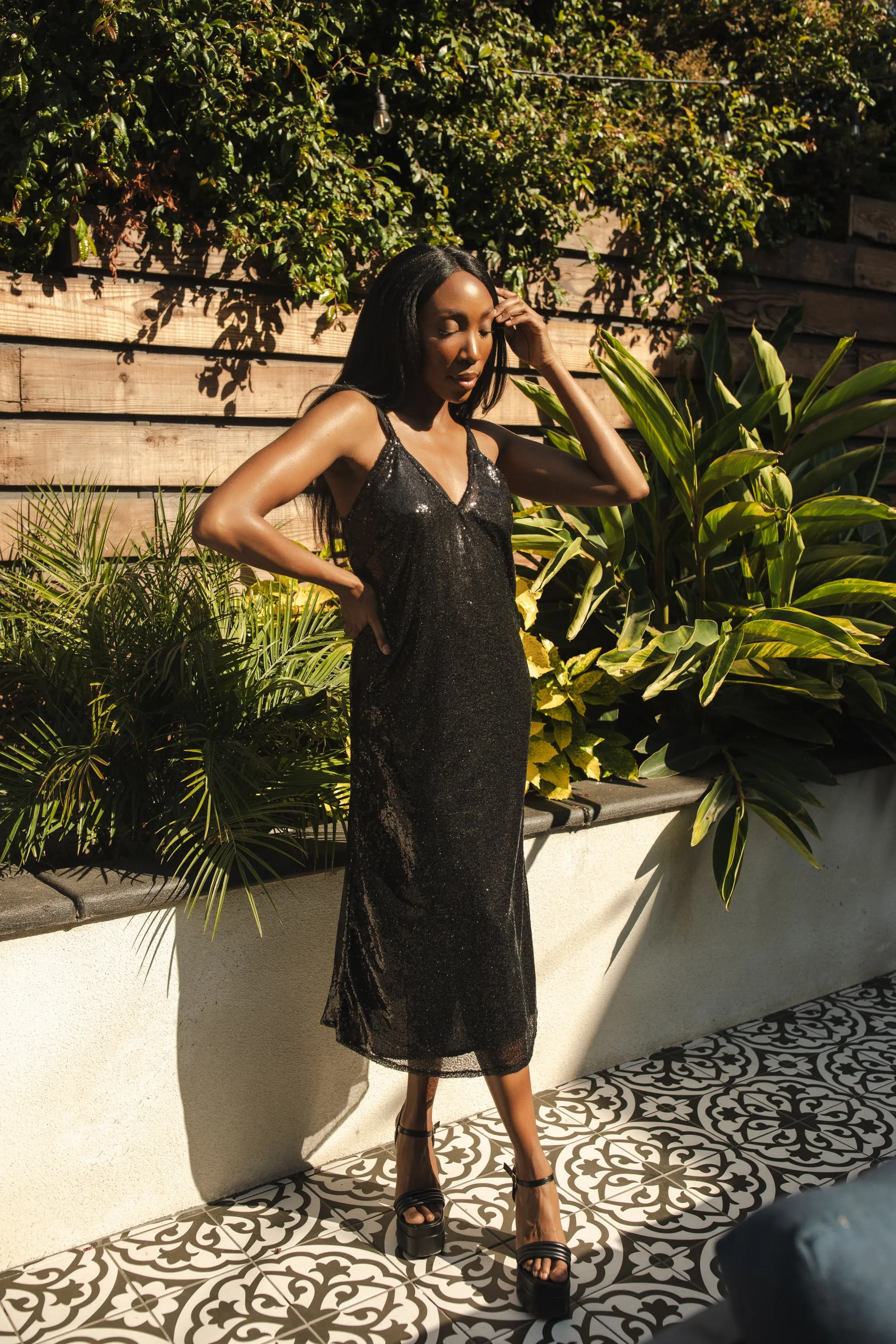 Black Sequin Layered Slip Dress
