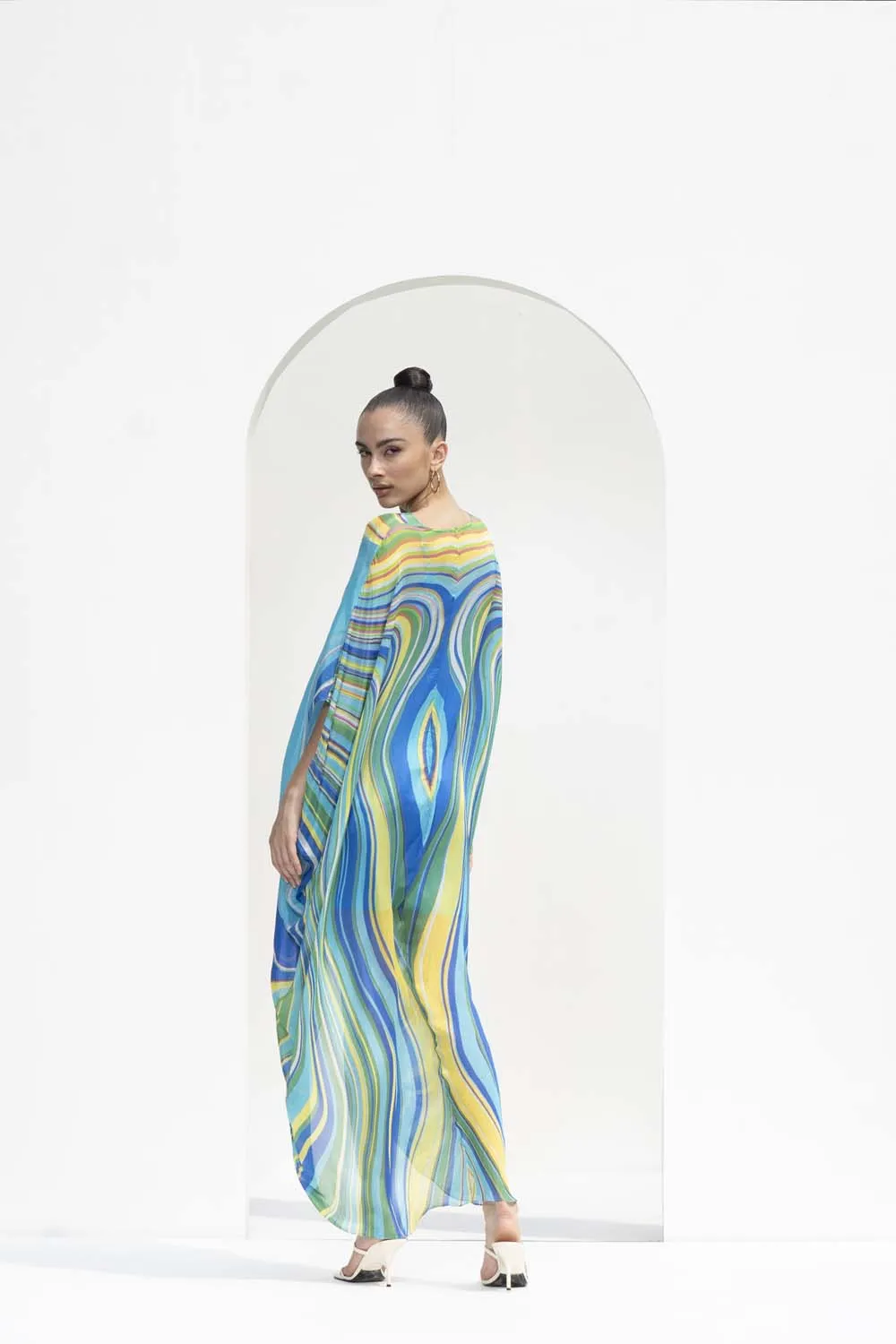 Blue marble printed chiffon kaftan