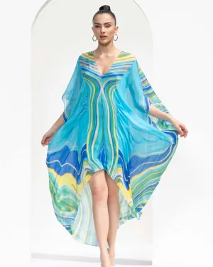 Blue marble printed chiffon kaftan