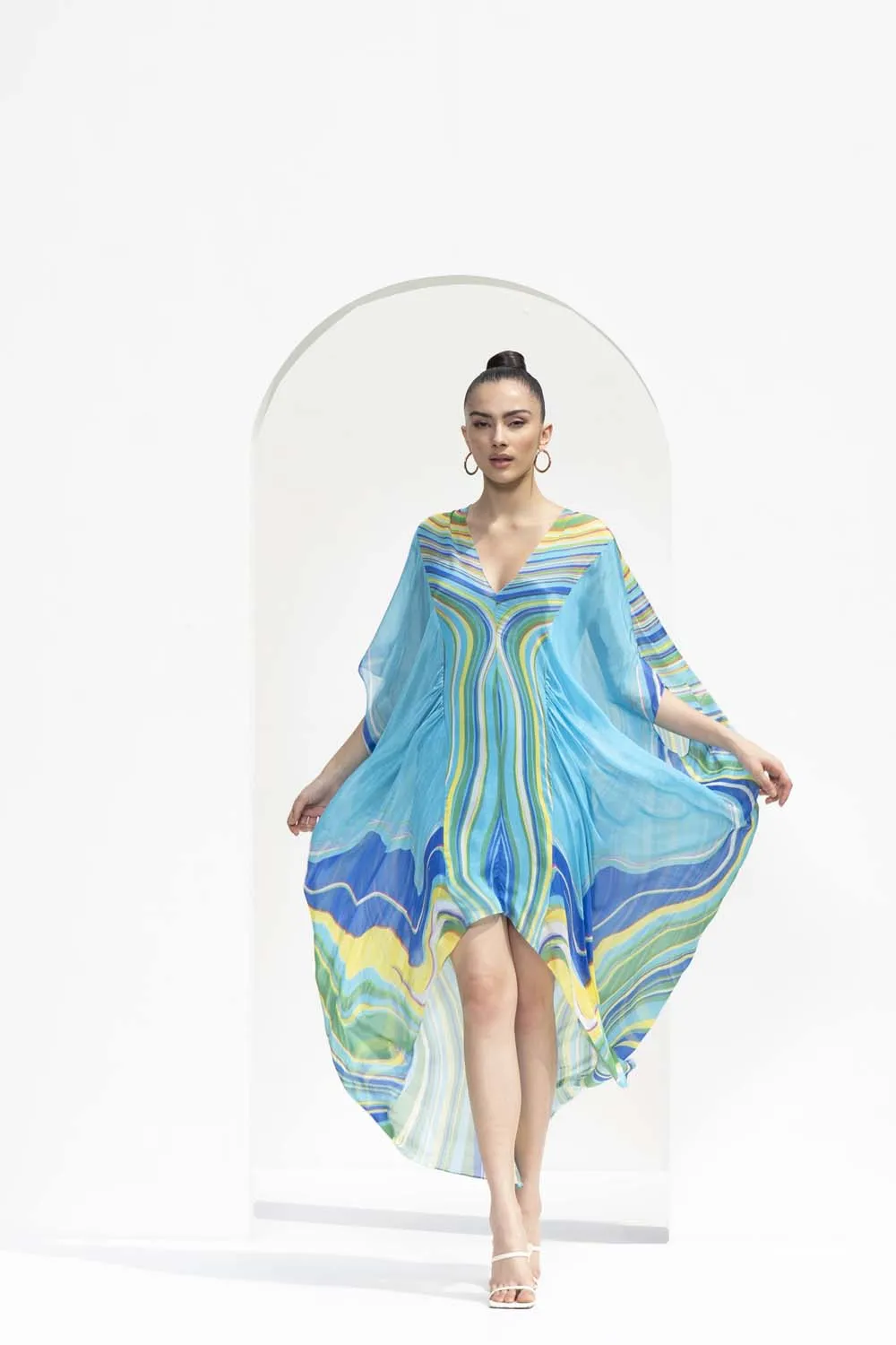 Blue marble printed chiffon kaftan