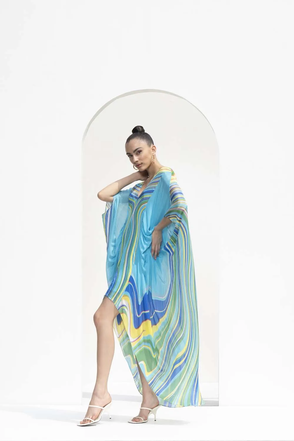 Blue marble printed chiffon kaftan