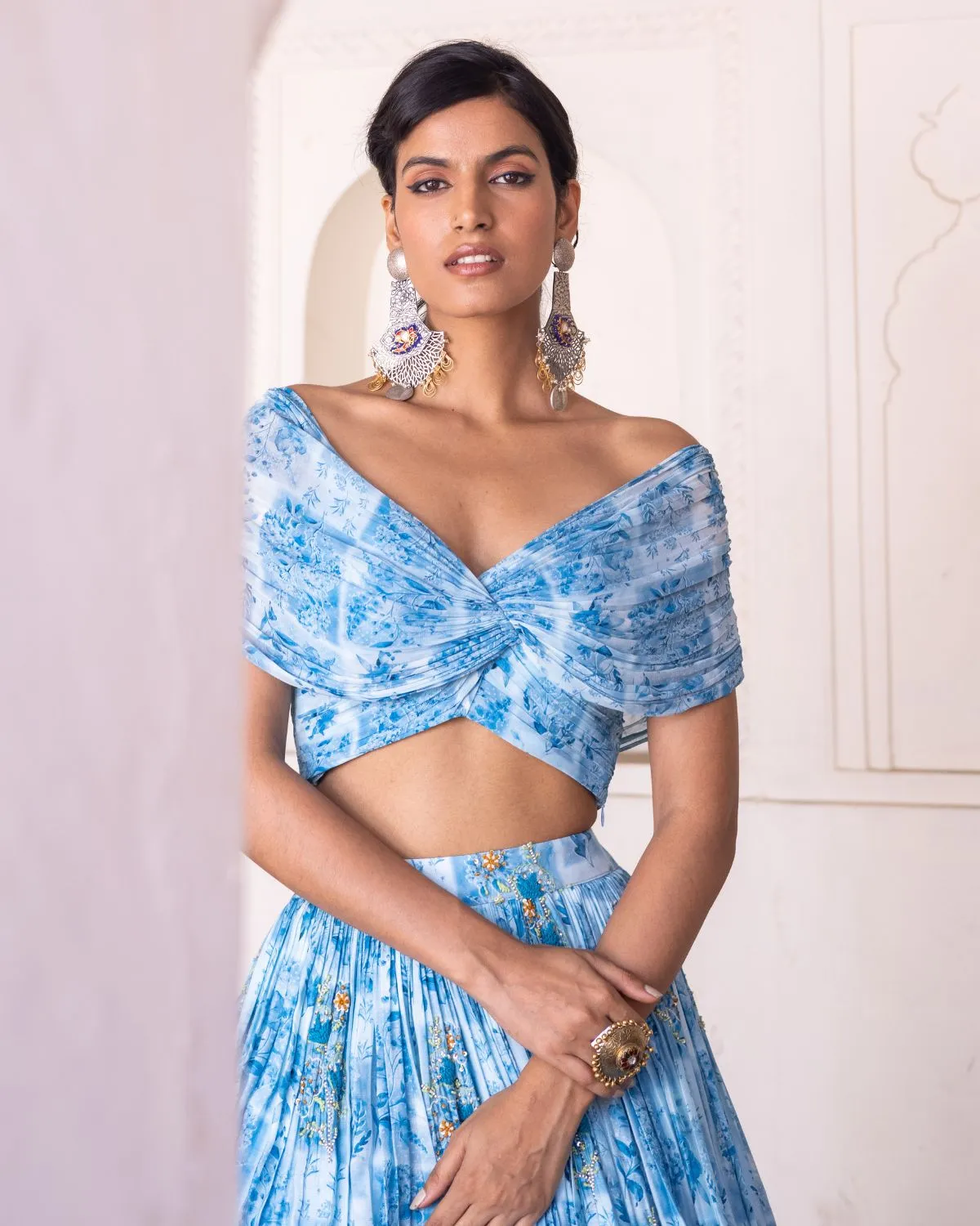 Blue Off Shoulder Lehenga Set