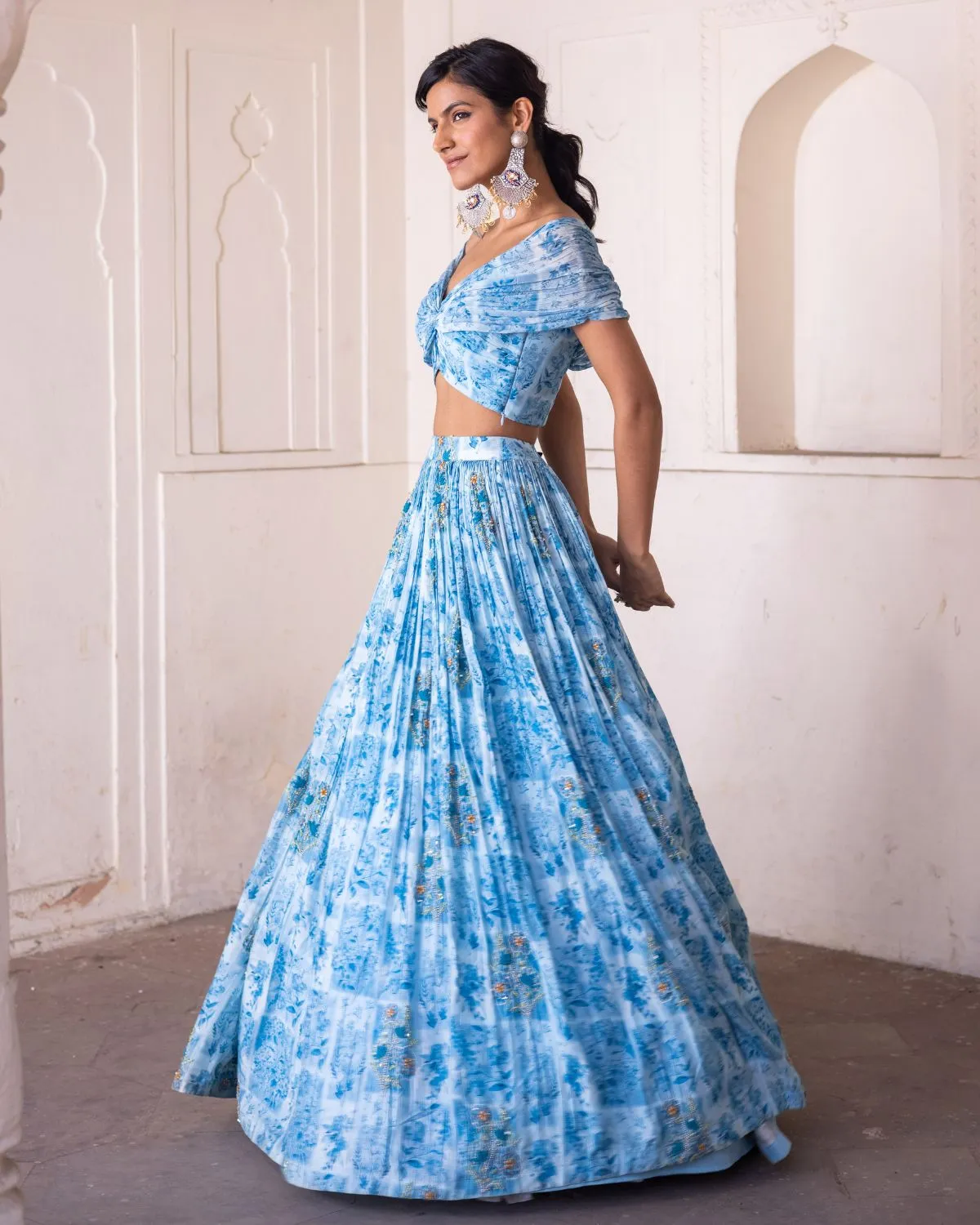 Blue Off Shoulder Lehenga Set
