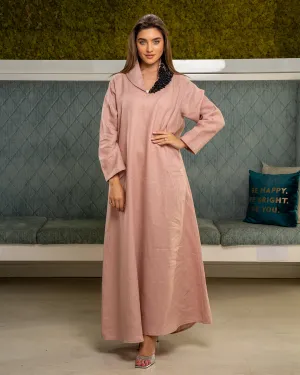 BLUSH PINK LINEN KAFTAN W/BLACK PEARLS COLLAR