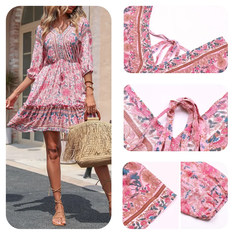 Bohemian Floral Dress in Pink