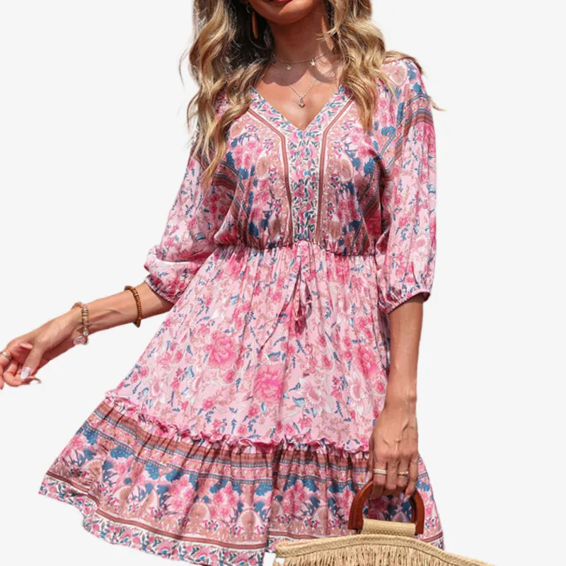 Bohemian Floral Dress in Pink
