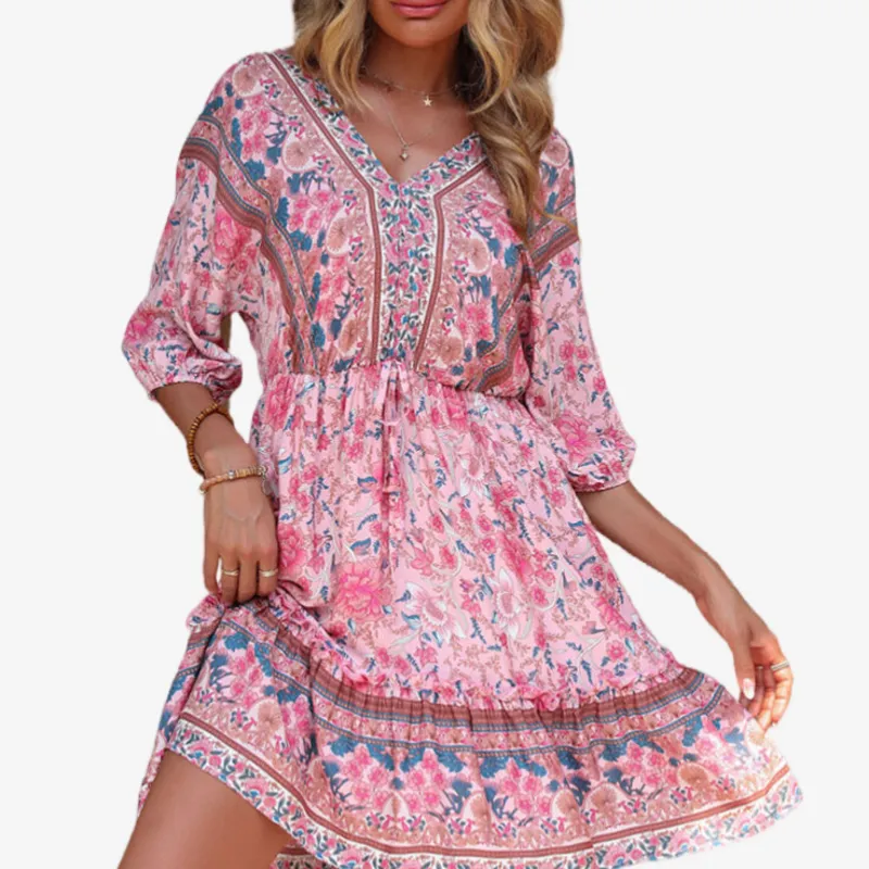 Bohemian Floral Dress in Pink