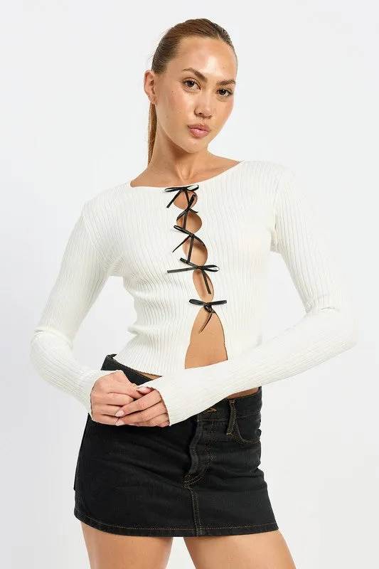 Bohemian Long Sleeve Ribbed Top with Bow Detail