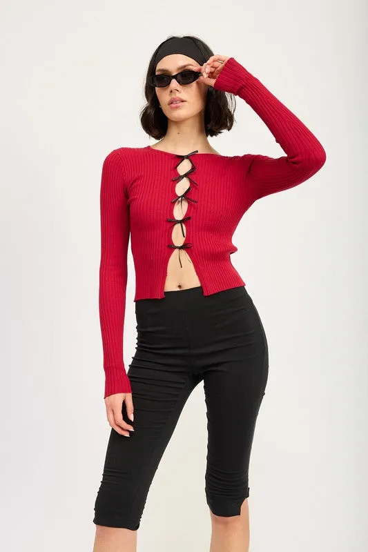 Bohemian Long Sleeve Ribbed Top with Bow Detail