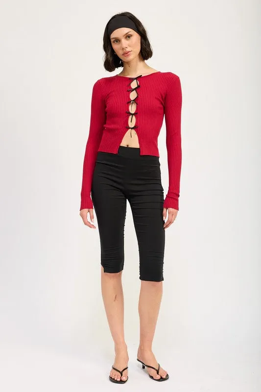 Bohemian Long Sleeve Ribbed Top with Bow Detail