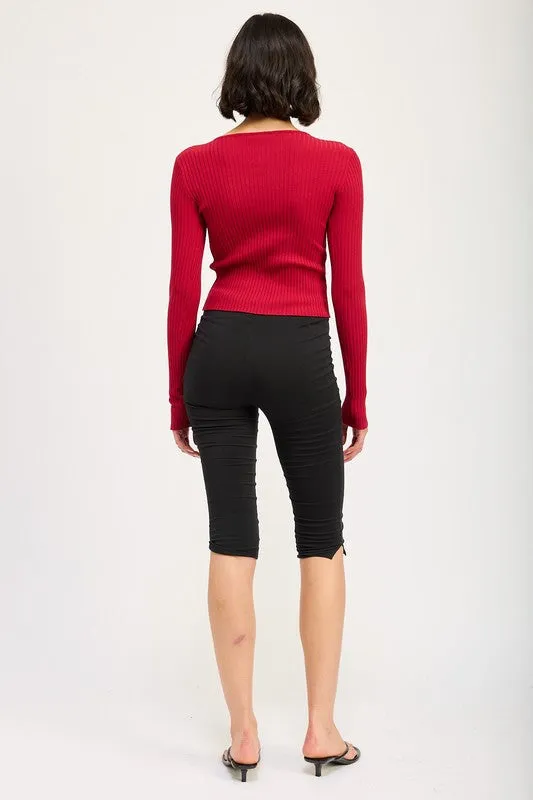 Bohemian Long Sleeve Ribbed Top with Bow Detail