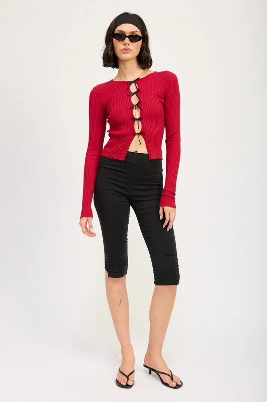 Bohemian Long Sleeve Ribbed Top with Bow Detail