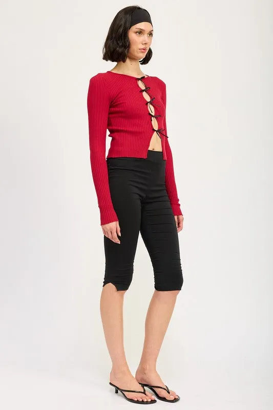 Bohemian Long Sleeve Ribbed Top with Bow Detail