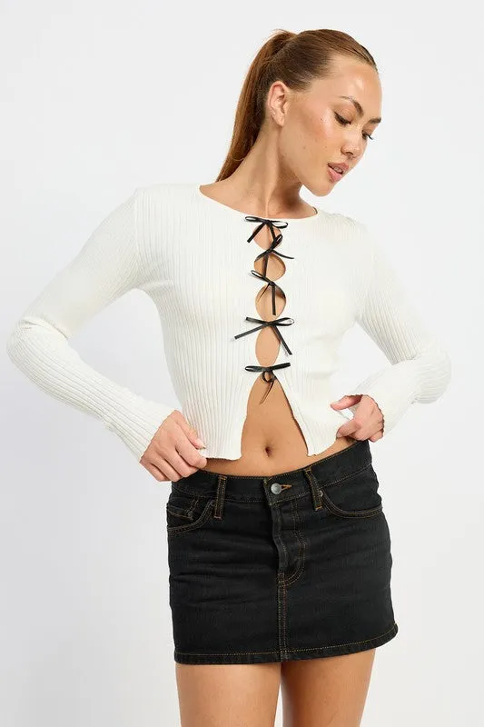 Bohemian Long Sleeve Ribbed Top with Bow Detail