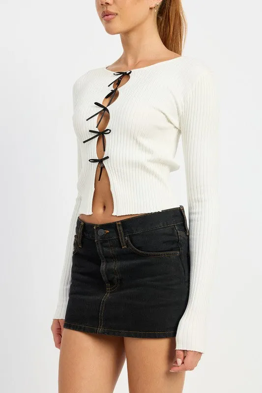 Bohemian Long Sleeve Ribbed Top with Bow Detail