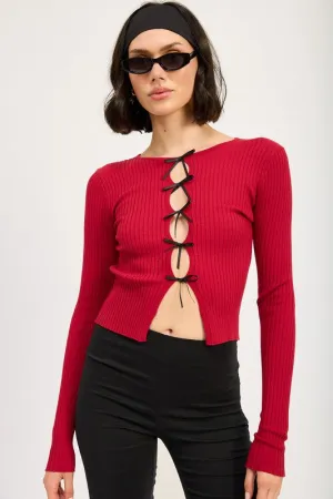Bohemian Long Sleeve Ribbed Top with Bow Detail