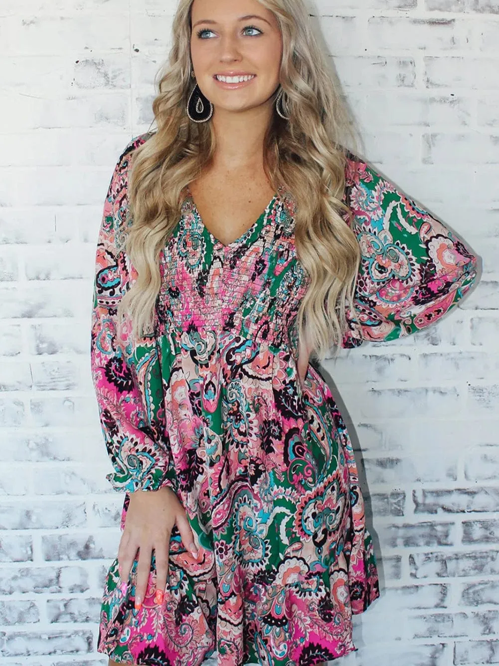 Bohemian Paisley Print Smocked Boho Dress
