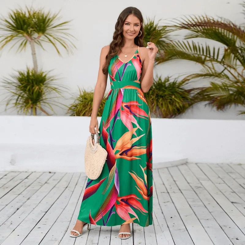 Bohemian Print Halter Beach Vacation Maxi Dress