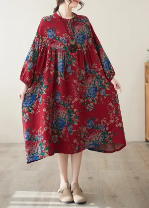 Bohemian Red O Neck Print Wrinkled Plus Size Cotton Dress Summer AP077