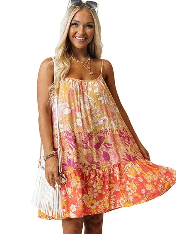 Bohemian Style Spaghetti Strap Dress With Off-Shoulder Umbrella Skirt