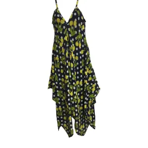 Bohemian V-Neck Silky feel Floral Geometric Print Long Sundress Shark bite Hem Dress Spaghetti Strap Dress #4 Blue and Yellow Floral