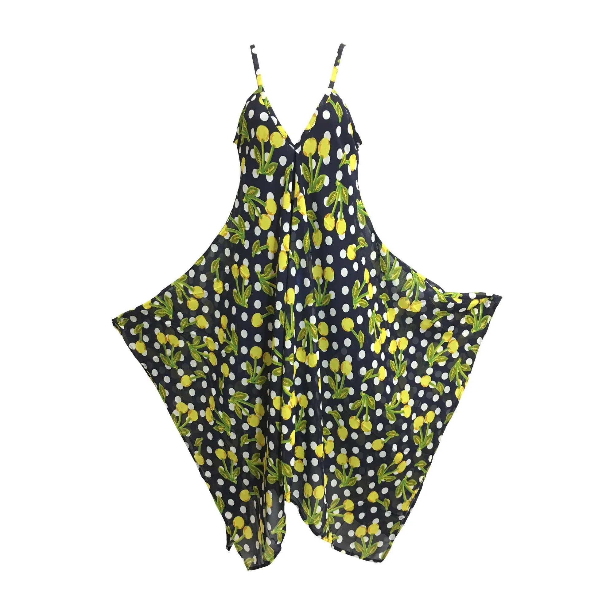 Bohemian V-Neck Silky feel Floral Geometric Print Long Sundress Shark bite Hem Dress Spaghetti Strap Dress #4 Blue and Yellow Floral