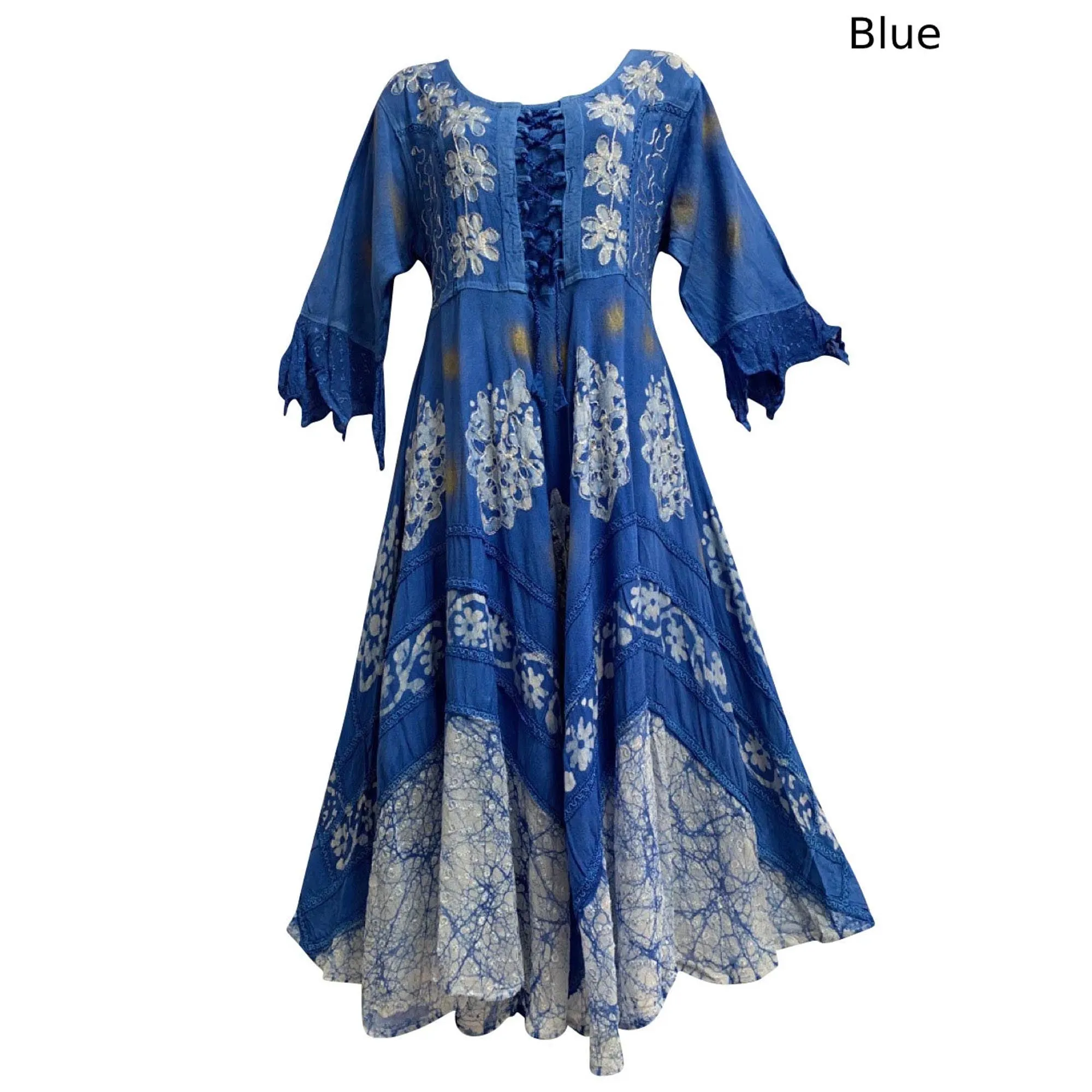 Boho Bohemian Renaissance Embroidered Ethnic Batik Floral Print Bell Sleeve Long Dress