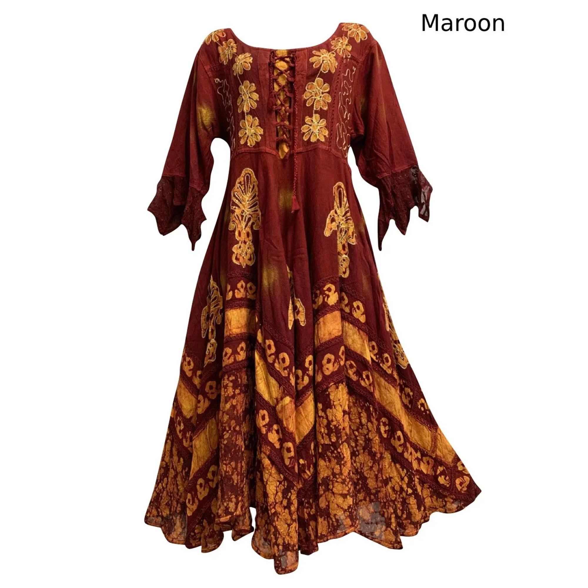 Boho Bohemian Renaissance Embroidered Ethnic Batik Floral Print Bell Sleeve Long Dress